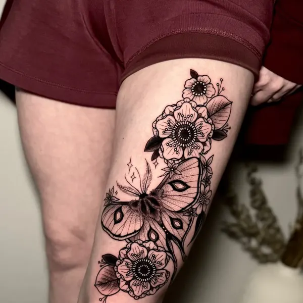 Luna moth with flowers and dotwork shading, thigh tattoo by Cameron at Shade Studio Peterborough