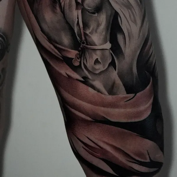 black and grey horse portrait draped in fabric, across shoulder and upper arm