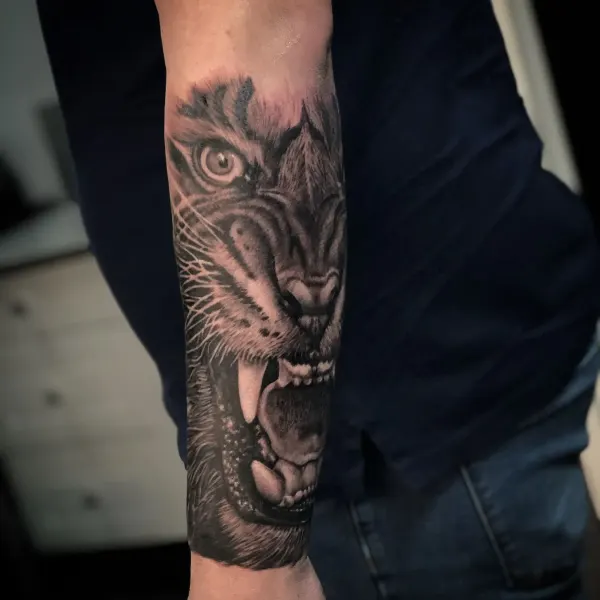 Photorealistic tiger face in black and grey, forearm tattoo by Raf at Shade Studio Peterborough