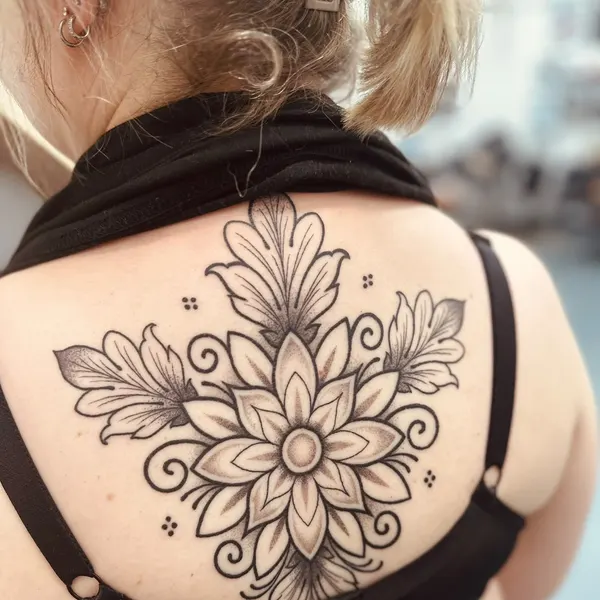 ornamental floral mandala with dotwork shading and scrolls, centred on the upper back, by hannah at shade studio peterborough