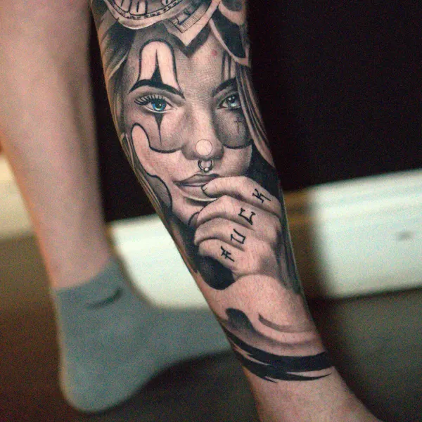 chicano payasa portrait wearing a crown, bold lettering down the calf