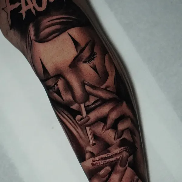 chicano payasa portrait smoking, bold lettering above on the forearm