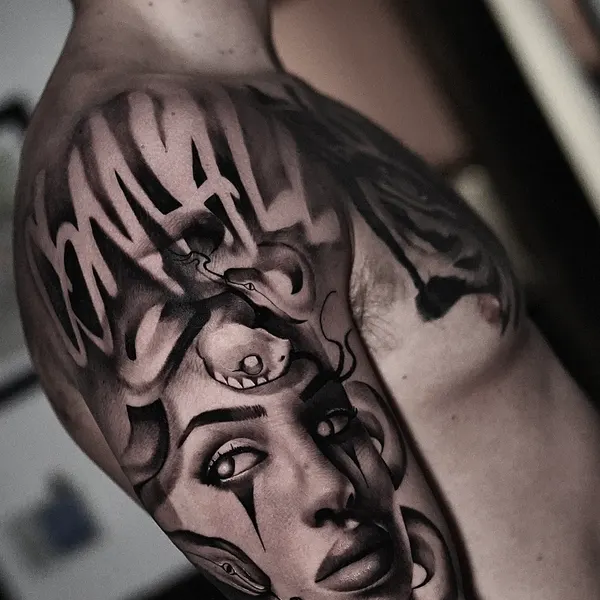 chicano payasa portrait entwined with a snake by jason, upper arm