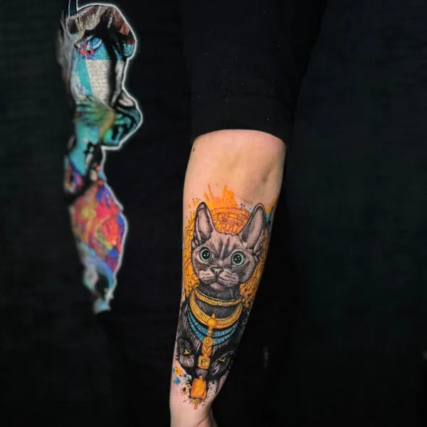 colour cat portrait breaking apart into an abstract paint splash, arm piece