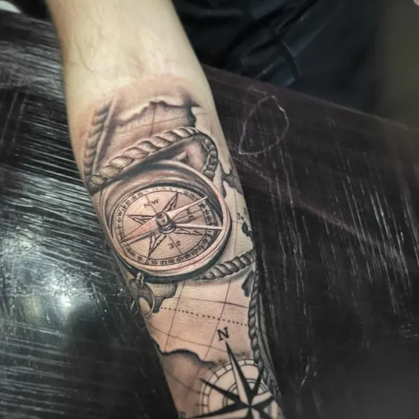 colour realism compass over a map background, tattooed down the forearm