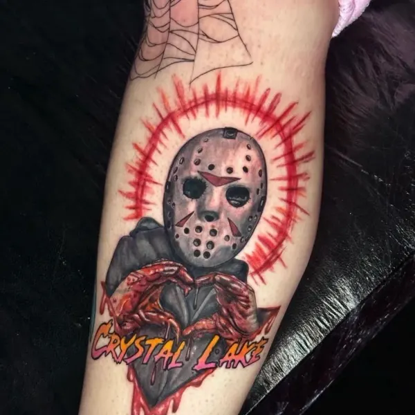 Jason Voorhees Crystal Lake colour calf tattoo by Karolina at Shade Studio Peterborough