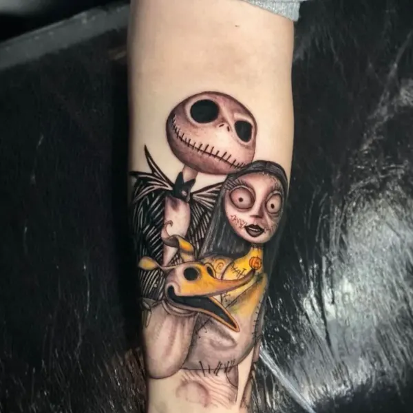 Nightmare Before Christmas Jack, Sally and Zero forearm tattoo by Karolina at Shade Studio Peterborough