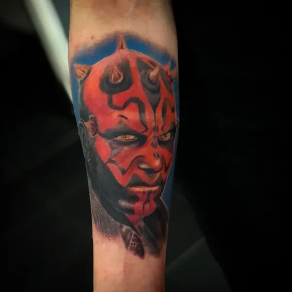 Colour realism Darth Maul portrait, forearm tattoo by Raf at Shade Studio Peterborough