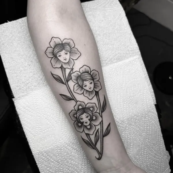 three flowers with little girl faces on a single stem, fine line and stipple forearm piece, by ashlee at shade studio peterborough