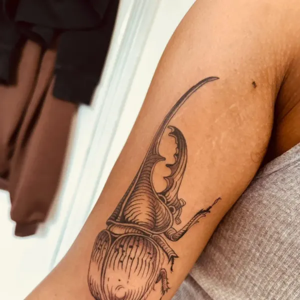 Hercules beetle in engraving style linework, inner arm tattoo by Hannah at Shade Studio Peterborough