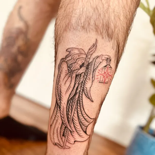 hooded hermit holding a staff and a red-starred lantern, medieval woodcut linework on the shin, by hannah at shade studio peterborough