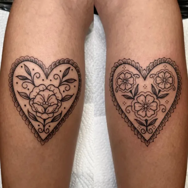 Matching ornamental lace heart tattoos with flowers, lower legs by Ashlee at Shade Studio Peterborough